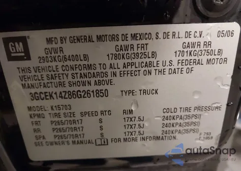 2006 Chevrolet Silverado K1500 z USA, uszkodzony, nr VIN 3GCEK14Z86G261850